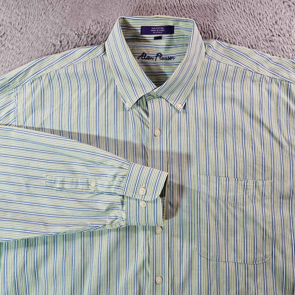 Alan Flusser Dress Shirt Men XL Button Up Long Sleeve Blue White Green Striped